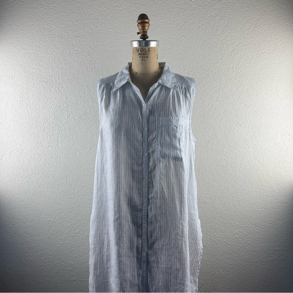 Sundance l M Stripe Linen Sleeveless Button-Down Collared Pocket Split Hem Tunic